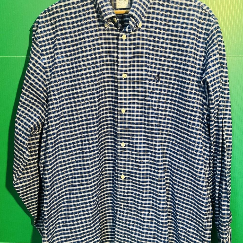 Brooks Brothers 1818 Collection Men’s Dress Shirt XL Blue White Plaid Cotton Str
